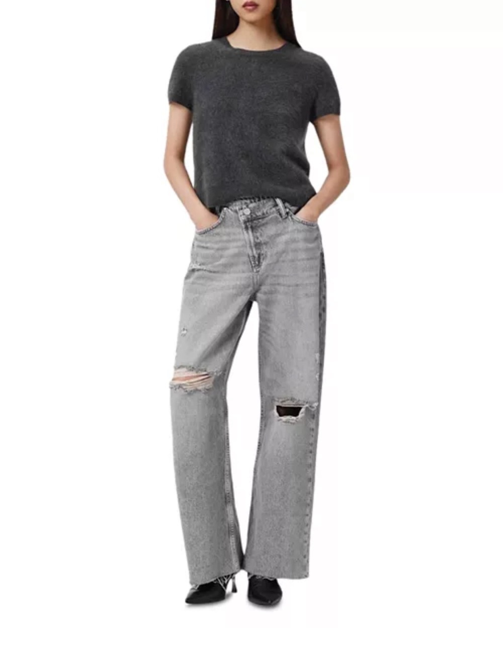 All Saints Gray Wide Leg Distressed Jeans